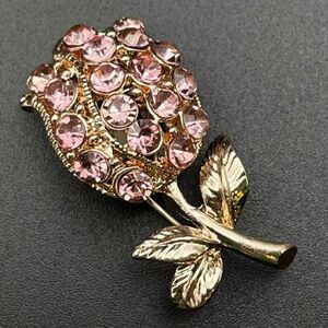 Rose Gold with Pink Sapphire Crystal Tulip or Rose Flower Pin Back Brooch